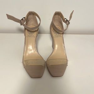 Vince Camuto Leather Block Heel Sandals in Beige